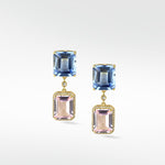 Gold Blueberry Daiquiri Earrings with blue and pink step-cut gemstones in a dangle design with a diamond halo.