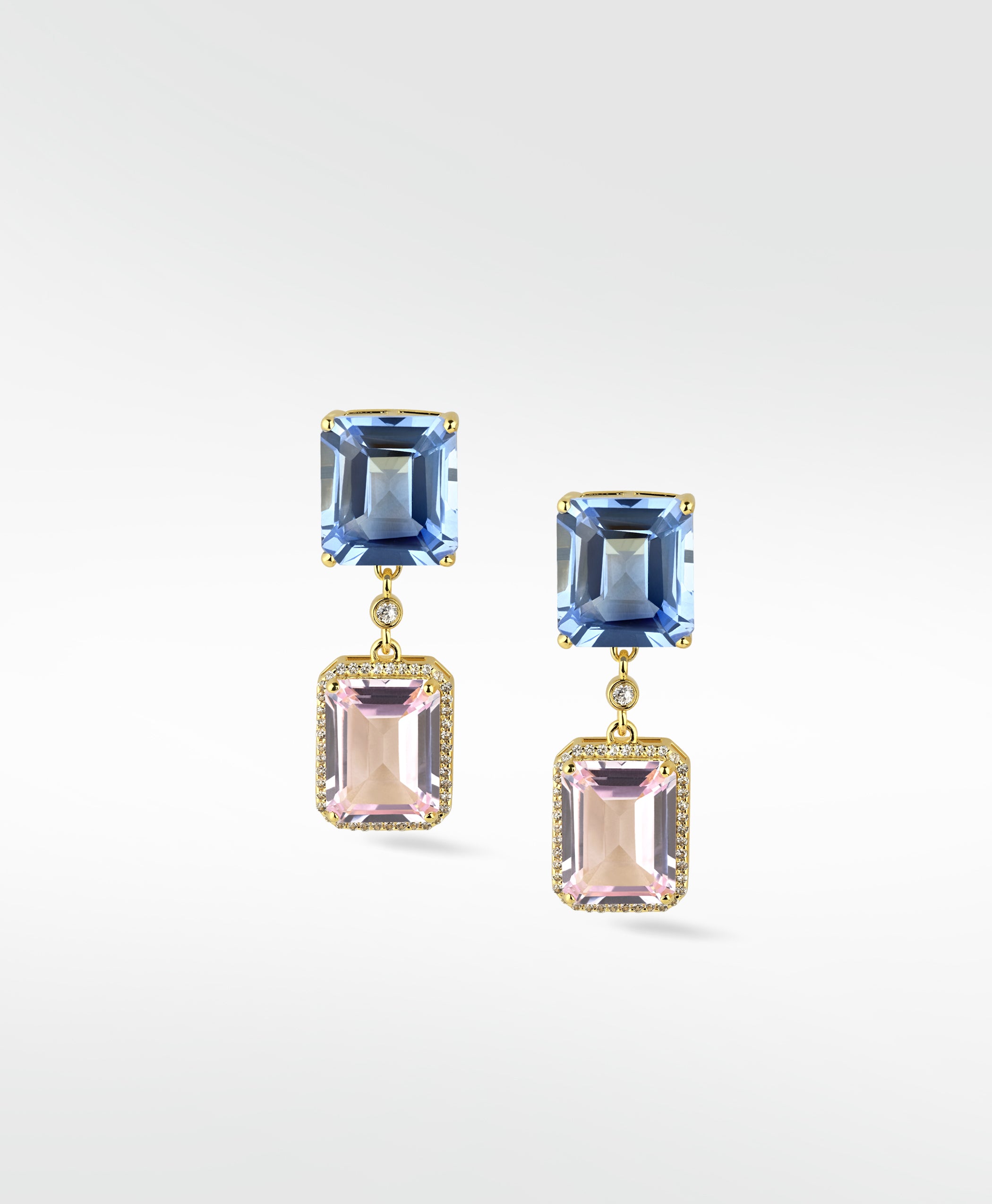 Gold Blueberry Daiquiri Earrings with blue and pink step-cut gemstones in a dangle design with a diamond halo.