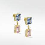 Gold Blueberry Daiquiri drop earrings with emerald-cut blue and pink gems and pavé diamond accents.