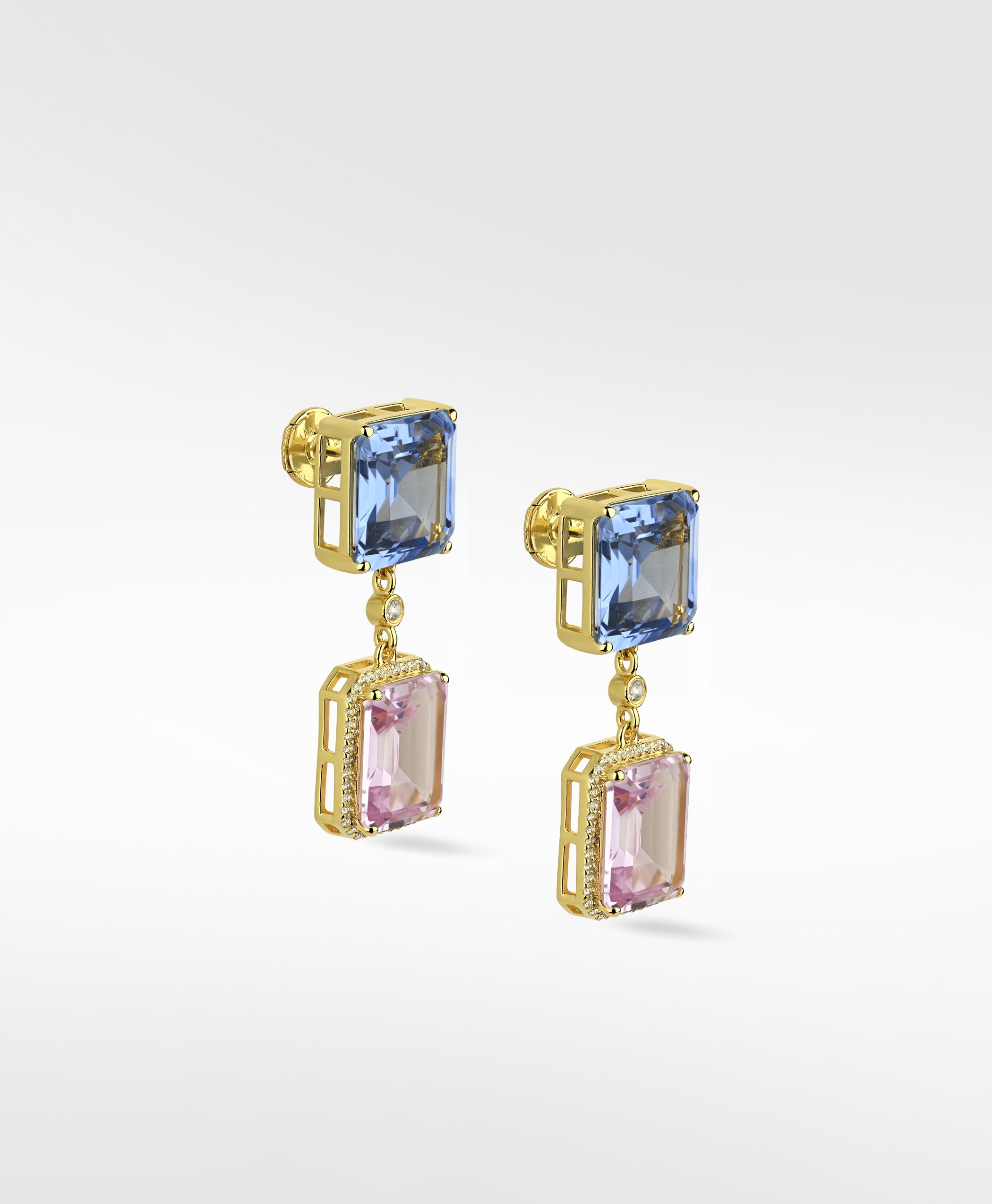 Gold Blueberry Daiquiri drop earrings with emerald-cut blue and pink gems and pavé diamond accents.