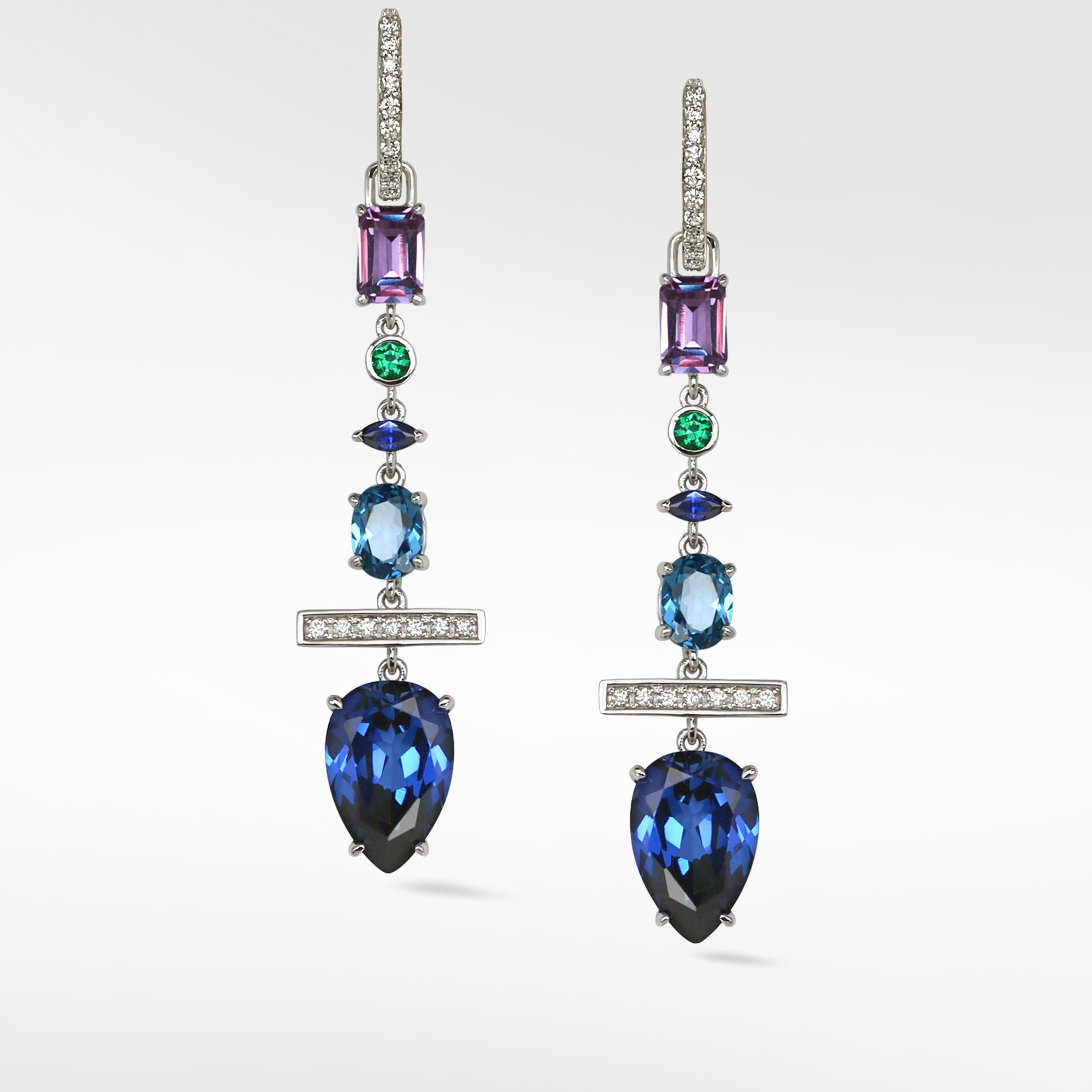Detachable Sapphire Diamond and Emerald Long Drop with cultured diamonds lab grown diamonds created diamonds lark and berry