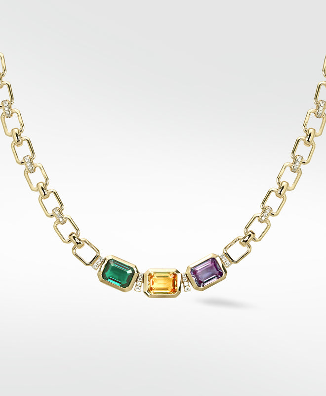 Emerald, Sapphire and Diamond Link Necklace