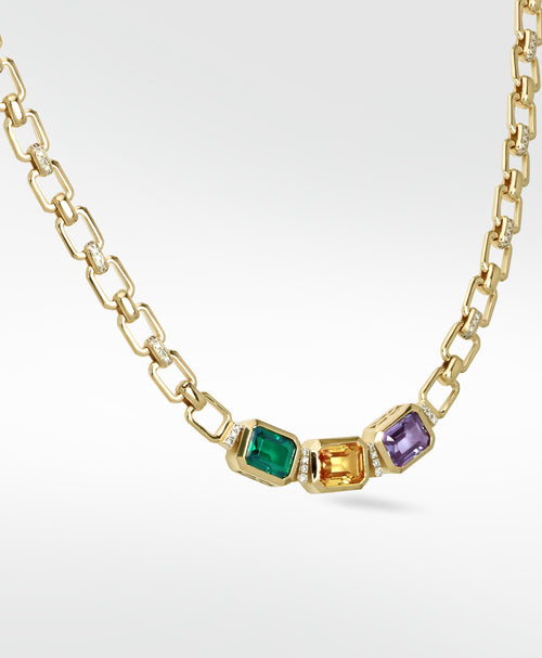 Emerald, Sapphire and Diamond Link Necklace