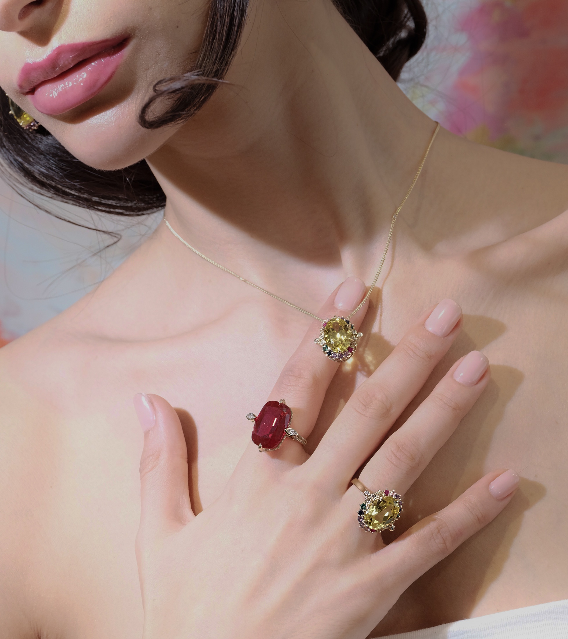 Model wearing Soho and Buckingham coloured-stone jewellery
